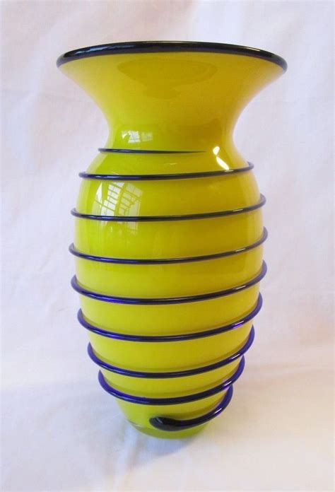 Yellow Art Glass Vase With Cobalt Blue Applied Glass Swirl Yellow Art Handcrafted Glass Art