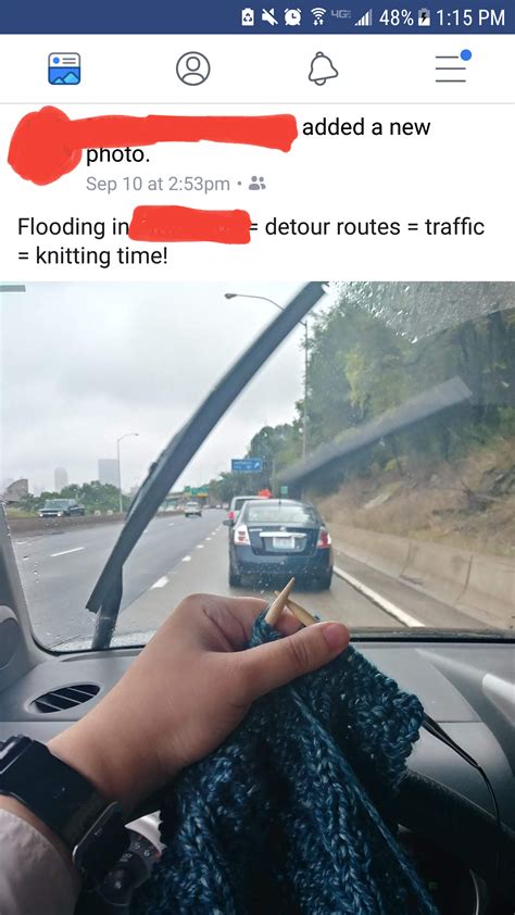 Driving in traffic while knitting while taking pictures while 