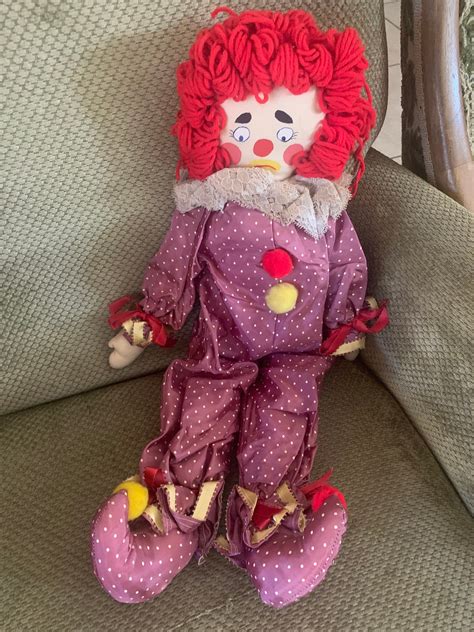 Vtg Cloth Doll 21 Handmade Clown Purple Polka Dot Red Yarn Hair