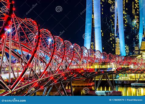 Helix Bridge Singapore Marina Bay Night Red Light Editorial Stock
