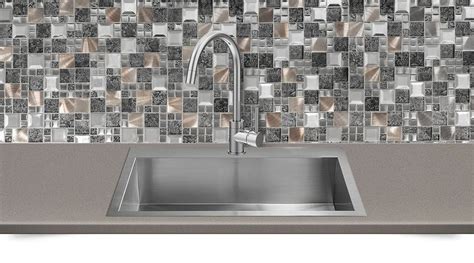 Gray Copper Metal Backsplash Tile Brown Quartz Countertop Kitchen