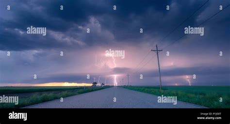 Cloud To Ground Lightnings Thunderstorm Sunset Above Highway Kansas Hi