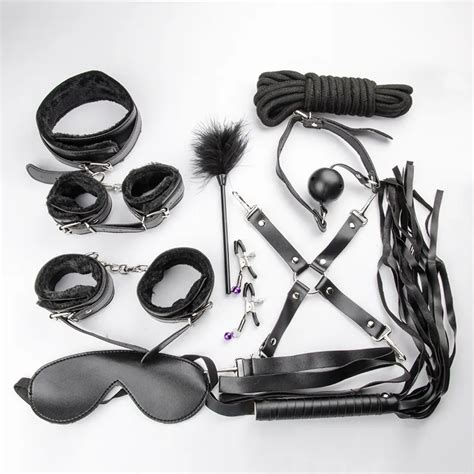 wholesale 10 pcs bdsm bondage restraints set kit handcuffs nipple clamp ball gag cuff whip