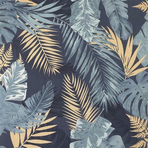 Soft Tropical Jungle Palm Leaf Metallic Navy Blue 297203 Arthouse