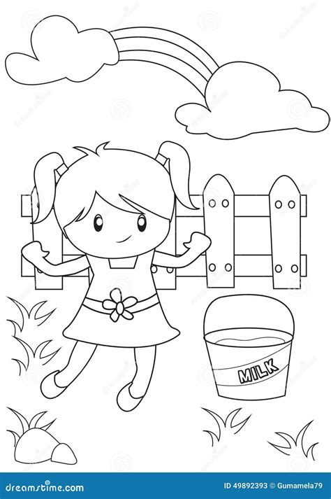 Cute Little Girl Playing In The Backyard Coloring Page Royalty Free