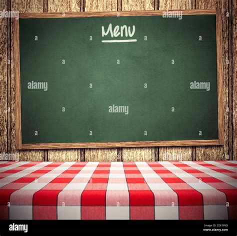 Blank Menu Chalkboard On Wooden Wall With Dining Table Template