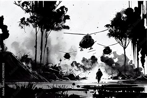 A Black And White Pen Illustration Of A Battlefield Scene During The Vietnam War With