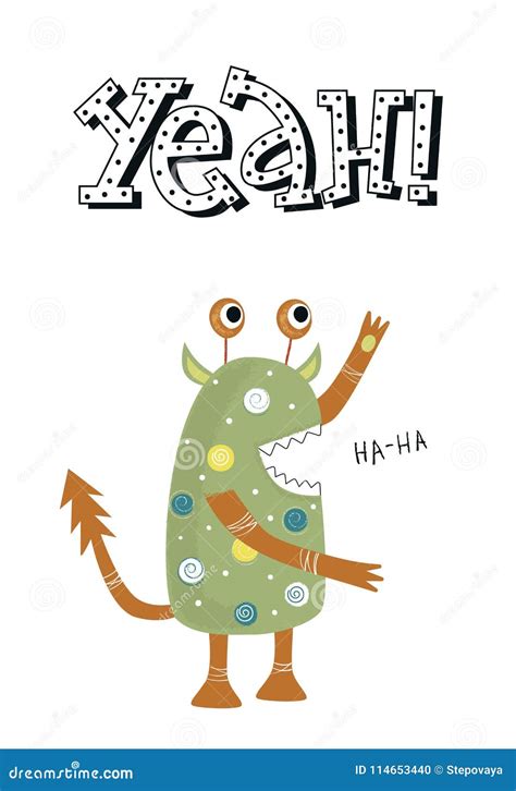 Yeah Funny Nursery Poster With Cute Monster And Lettering Vector