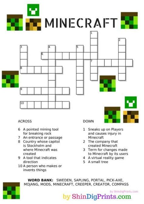 Free Printable Minecraft Crossword Puzzle
