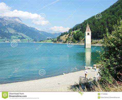 Lake Resia Bell Tower Editorial Photo Image Of Landscape 117499266