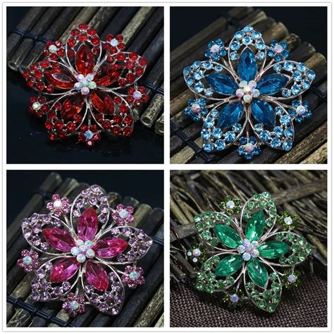 European Style Rose Gold Color Large Flower Brooches For Women 8 Colors Clear Rhinestone Crystal