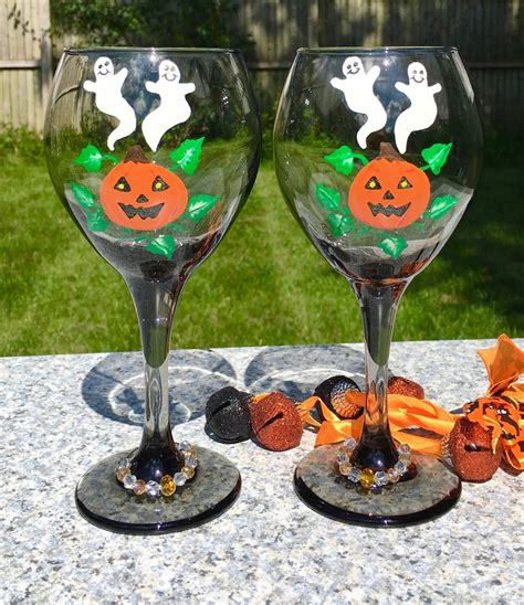 Halloween Wine Glasses With Hand Painted Ghosts And A Pumpkin Etsy