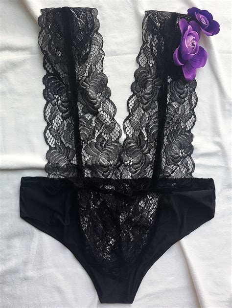 Plunging Neck Lace Teddy BLACK Nightwear ZAFUL Funky Fashion Women S Fashion Lace