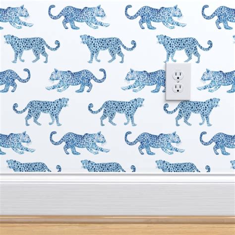 Leopards Wallpaper Leopard Parade Blue On White By Danika Etsy