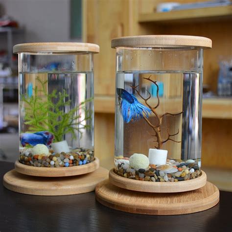 1pcs Glass Betta Fish Tank Bamboo Base Mini Fish Tank Decoration