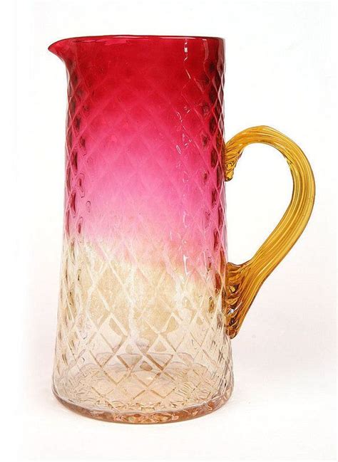 Amberina Water Pitcher Pretty Ombre Colors With Quilted Design Circa 1900 Antique Pitcher