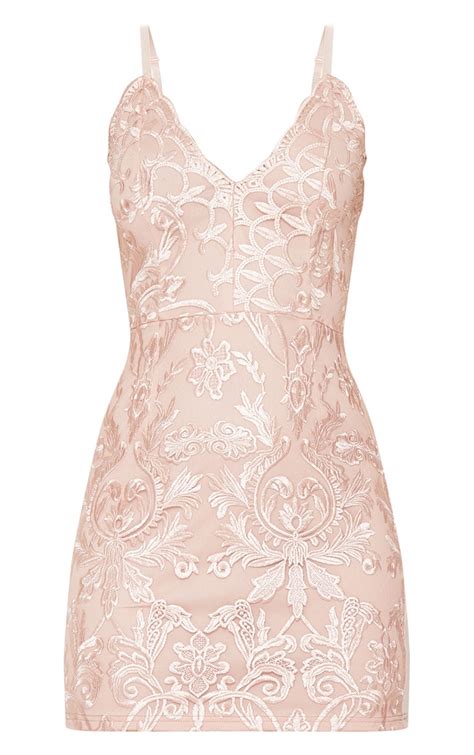 Dusty Pink Embroidered Lace Bodycon Dress Prettylittlething Usa