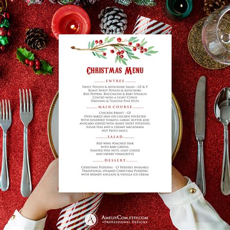 Christmas Dinner Menu Card Template Instant Download Printable Etsy