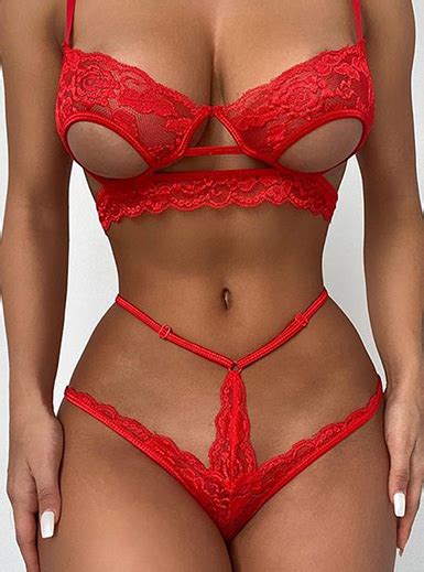 Womens 2 Pieces Sleepwear Sexy Lace Bra With Cutouts And Strappy Detail Red
