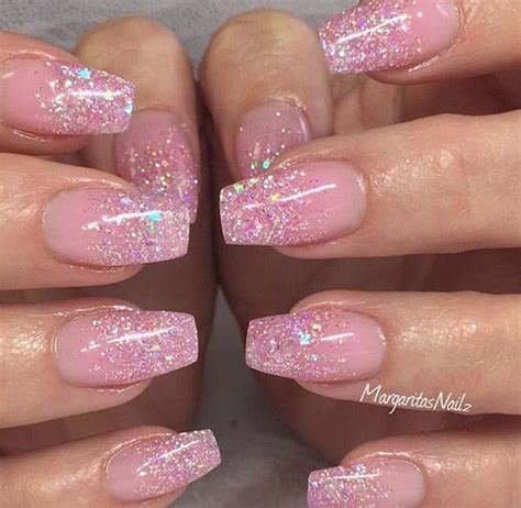 Coffin Pink Nails With Glitter Tips Goimages Today