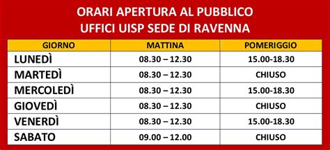 Dopo una breve pausa per il pranzo, le riaperture sono previste per le 14:45 e proseguono sino alle 15:45. UISP - Ravenna-Lugo - ORARI APERTURA AL PUBBLICO UFFICI UISP