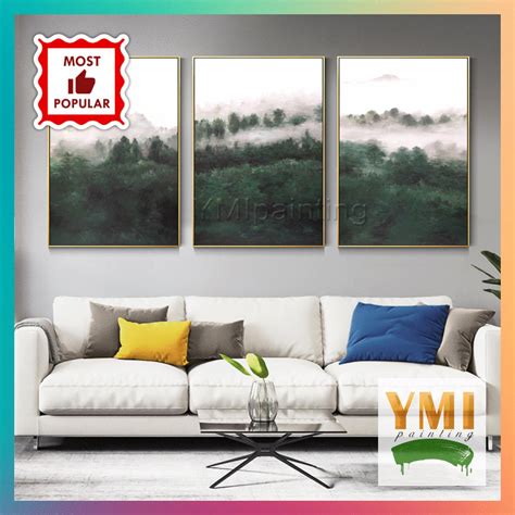 Abstract Tree Landscape Painting Green Set Of 3 Wall Art Etsy