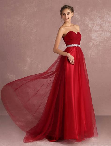 Red Prom Dresses 2021 Long Strapless Backless Tulle Evening Dress