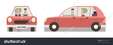 Red Car Front And Side Driver And Passenger Flat Design Vector