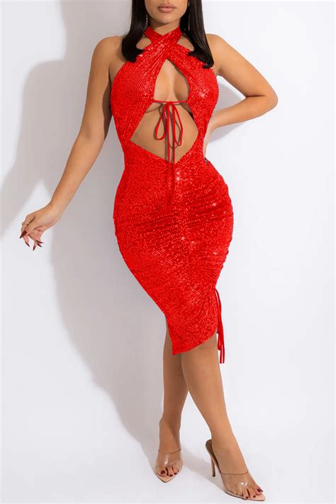 red sexy patchwork bandage hollowed out sequins backless halter sleeveless dress club dresses