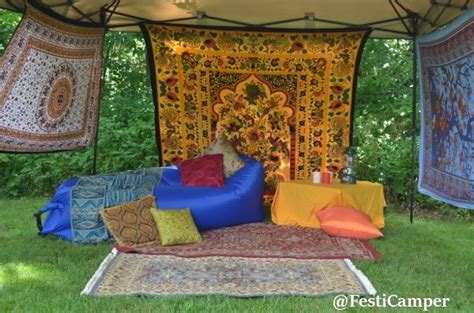 Bohemian Campsite With Air Hammock Rugs And Tapestries Camping