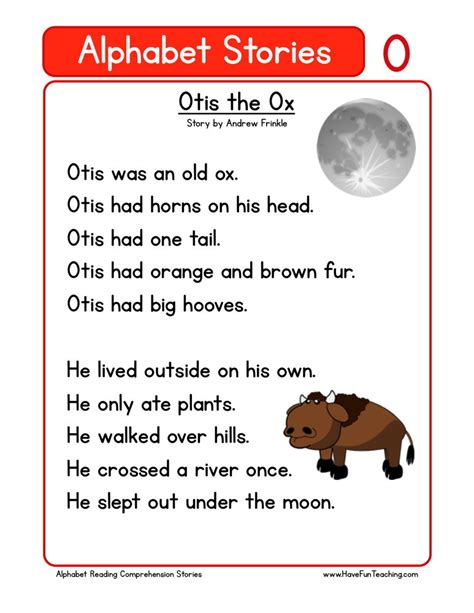 If you would like to purchase my alphabet stories for classroom . Reading Comprehension Worksheet - Otis the Ox