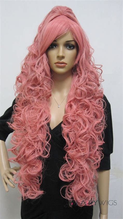 cheap capless long synthetic hair pink wavy cheap costume wigs cosplay hair real hair wigs