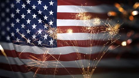 American Flag Waving With Fireworks Celebrating 4th Of July Stock Photo