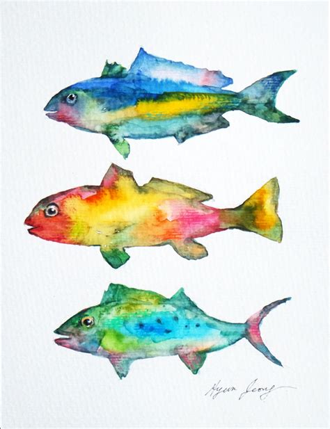 Fish Original Watercolor Painting Whimsical Marine Art