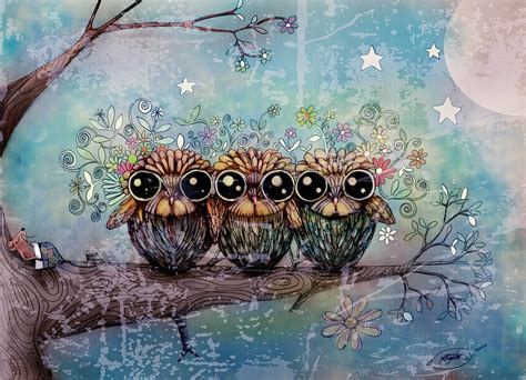 Three Little Night Owls Painting By Karin Taylor Fine Art America