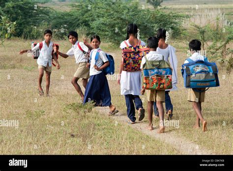 Indian Children Walking To School In The Countryside Andhra Pradesh