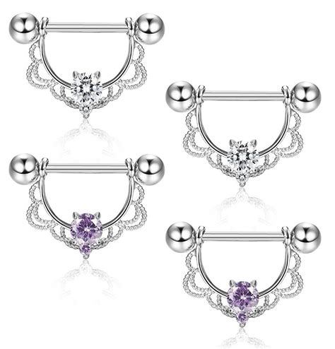 Modrsa 2pcs Lace Flower Crystal Nipple Ring Stainless Steel Barbell