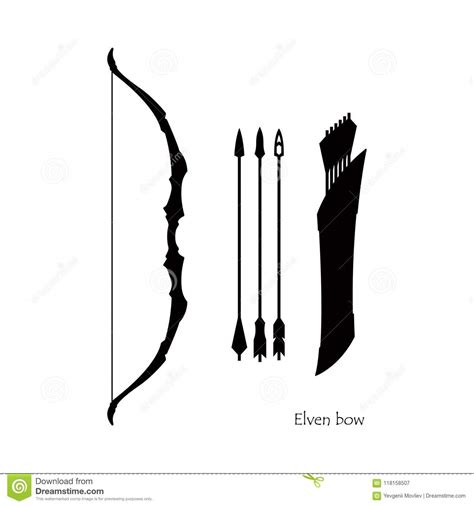 Black Silhouettes Of Elven Bow With Arrows On White Background Icon Of