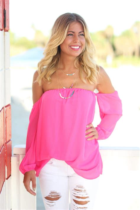 Hot Pink Off Shoulder Long Sleeve Top Cute Tops Saved By The Dress