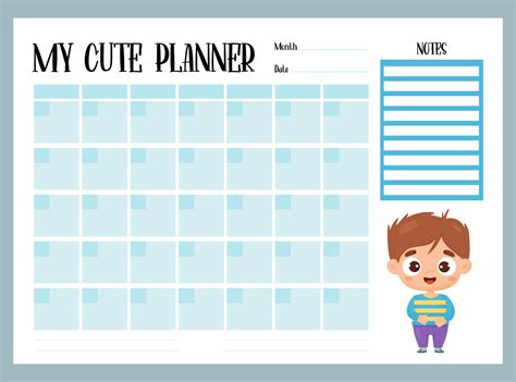Cute Kids Monthly Planner And Notes With Cute Cartoon Character Boy
