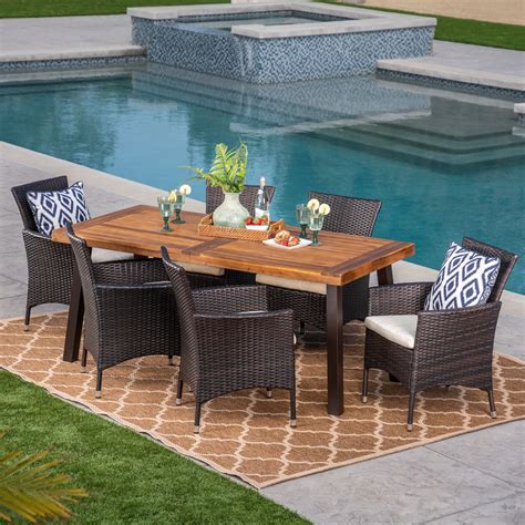 teak and wicker outdoor dining sets ~ durable metal and wood bakers rack with classic wicker