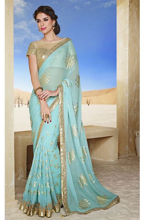 Sky Blue Latest Style Party Wear Saree With Blouse From Skysarees Churidar Salwar Kameez