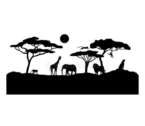 African Safari Animal Silhouette Vector Black Landscape Scene With