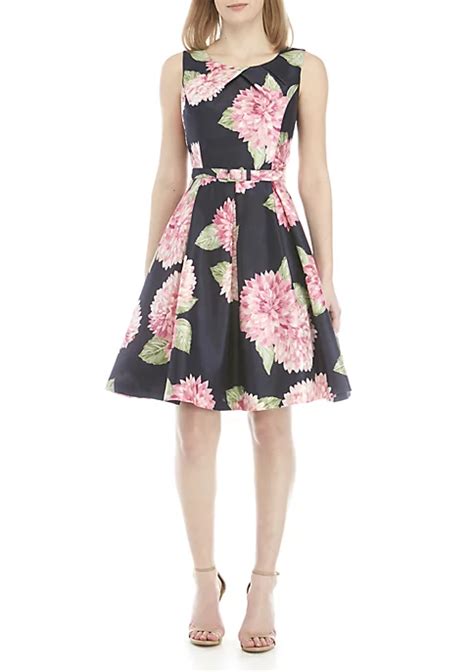 Jessica Howard Sleeveless Printed Shantung Fit And Flare Belted Dress