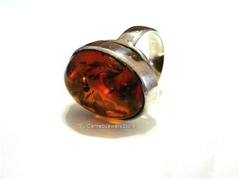 Ring Amber Fossil Ring Domed Oval Statement Cognac Color 925 Etsy