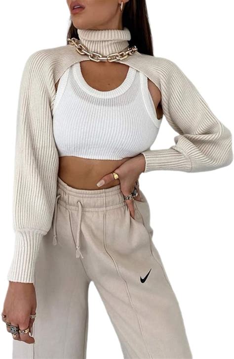Women Turtleneck Knit Shrug Sweater Long Sleeve Cutout Crop Top Pullover Ribbed Cropped Sweater