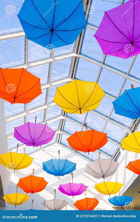 Bright Colorful Umbrellas Hanging From The Ceiling Stock Photo Image