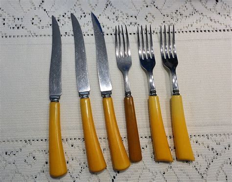 60s Yellow Bakelite 6 Pcs Lot Knives Forks Flatware By LoukiesWorld