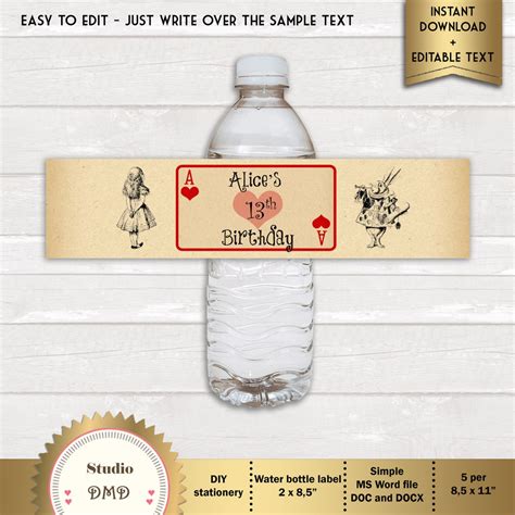 alice in wonderland water bottle label vintage playing card etsy