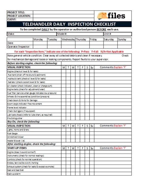 Telehandler Daily Inspection Checklist Construction Documents And